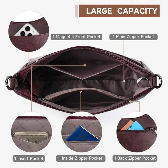 Women's Grape Imported Leather Crossbody With Adjustable Strap Shoulder Handbag - Picture 3 of 6